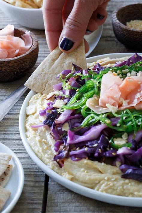 This Asian topped hummus platter is one delicious way to amp up your appetizer game! #UnofficialMeal Hummus Appetizers, Hummus Platter, Bite Size Appetizers, Pickled Ginger, Vegan Asian, Superfood Recipes, Hummus Recipe, Easy Appetizer Recipes, Healthy Appetizers