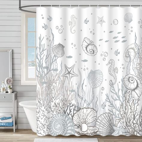 PRICES MAY VARY. PREMIUM MATERIAL: Grey coastal nautical shower curtain: soft, durable, environmentally friendly and waterproof polyester. And it can still maintain a good look after repeated washing because of its shrinkage resistance. PERSONALIZED DESIGN: This coral seashell beach bathroom curtain adopt advanced HD printing technology, which make the pattern clear and vivid, true and not easy to fall off and fade. SIZE INFORMATION: Ocean themed shower curtain is measured 69" W x 70" L. This si Beach Theme Shower Curtain, Coastal Shower Curtain, Nautical Shower Curtain, Seashell Bathroom, Ocean Themed Bathroom, Ocean Shower Curtain, Ocean Bathroom, Cool Shower Curtains, Beach Shower