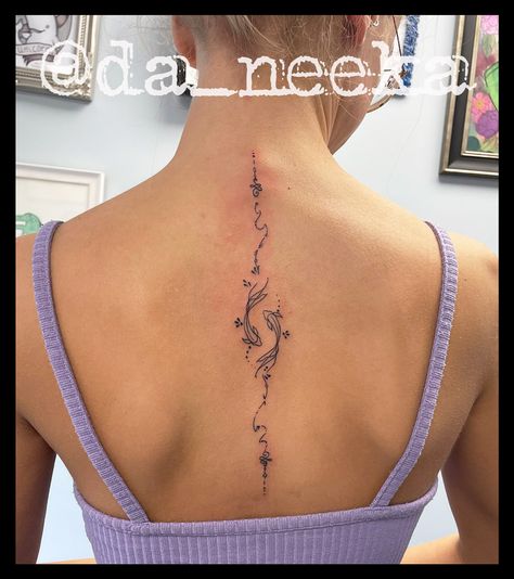 Danica - Rampant Ink Tattoo Studio Nottingham Tropical Back Tattoo, Spine Tattoo Koi Fish, Spine Tattoos Fine Line, Aesthetic Spine Tattoo, Pisces Spine Tattoo, Spine Tattoo Fine Line, Fine Line Tattoo Back, Koi Fish Spine Tattoo, Fine Line Back Tattoo Women