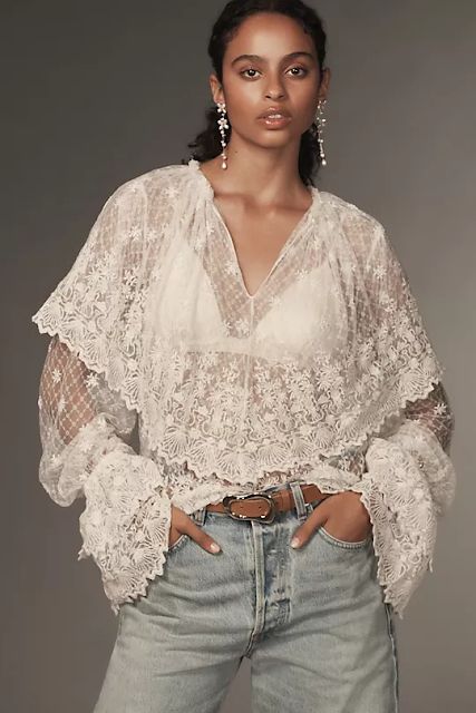 MARIA'S STYLE PLANET: LACE BLOUSE Ivory Blouse, Front Hand, Boho Lace, Anthropologie Top, 50 Fashion, Girls Long Sleeve, Lace Blouse, Blouse Styles, Long Sleeve Lace