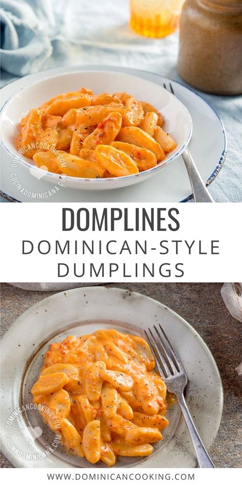 DOMPLINES (DOMINICAN-STYLE DUMPLINGS) on a plate. Dominican Cuisine, Dominican Cooking, Dominican Dish, Dominicano Recipes, Dominican Style, Traeger Cooking, Boricua Recipes, Dominican Food, Island Food