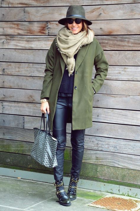 goyard, green coat, leather pants, fedora, hat, fashion, winter outfit, scarf Olive Green Coat Outfit Winter, Green Fedora Hat Outfit, Olive Coat Outfit, Fedora Hat Outfit Winter, Green Coat Outfit Winter, Green Hat Outfit, Olive Green Jacket Outfits, Green Parka Outfit, Green Coat Outfit