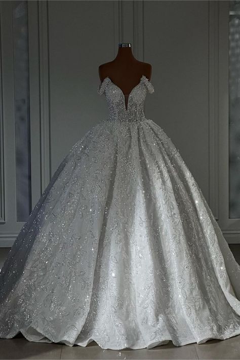 Okdais Strapless Wedding Dress Couture Candy, Sparkly White Ball Gown, White Big Wedding Dress, Off The Shoulder Sparkly Wedding Dress, Beaded Sparkly Wedding Dress, Beaded Ballgown Wedding Dress, Wedding Dresses Princess Elegant, Disney Princess Wedding Dress, Elegant Wedding Dress Ballgown Fairytale