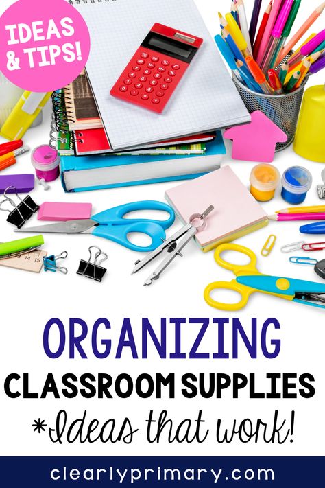 Organize your classroom supplies with these easy tips! Running a classroom requires a ton of supplies. Read on for ideas to store and organize student supplies, art supplies, learning materials, office supplies and more. Tips for making a plan, labeling and storing supplies that work! Group Supply Organization Classroom, Ways To Organize Classroom Supplies, Organizing Supplies In Classroom, Shared Classroom Supplies Organization, Classroom Copies Organization, School Supply Box, School Supplies Organization, Preschool Classroom Decor, School Supply Labels