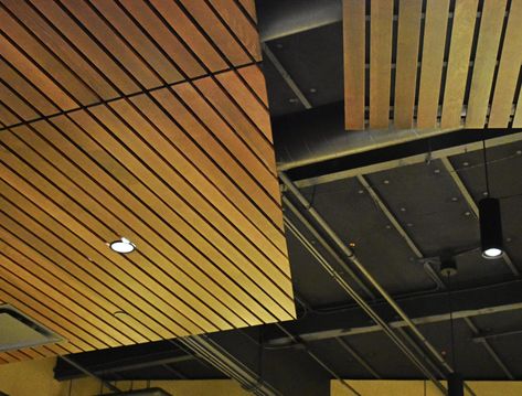 Suspended wood ceilings (Wood Drop Ceiling) - 9Wood Wood Drop Ceiling, Ceiling Wood Design, Drop Ceiling Ideas, Drop Ceiling Designs, Suspended Ceiling Panel, Wood Slat Ceiling, Interior Ceiling Design, Drop Ceiling, Ceiling System