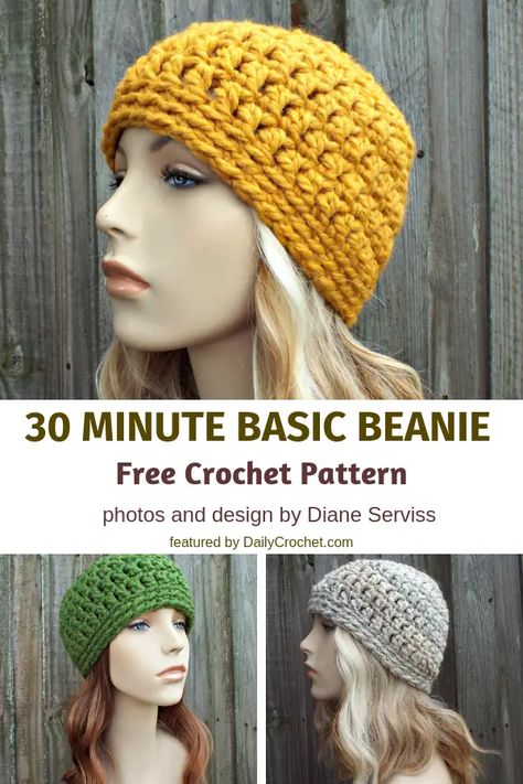 This 30 Minute Basic Bulky Beanie Is The Perfect Last Minute Gift 30 Minute Crochet Beanie, 30 Minute Crochet, Crochet Hats Patterns, Chunky Crochet Hat, Girls Crochet Hats, Quick Crochet Projects, Beanie Hat Pattern, Hat Patterns Free, Baby Crochet Patterns Free