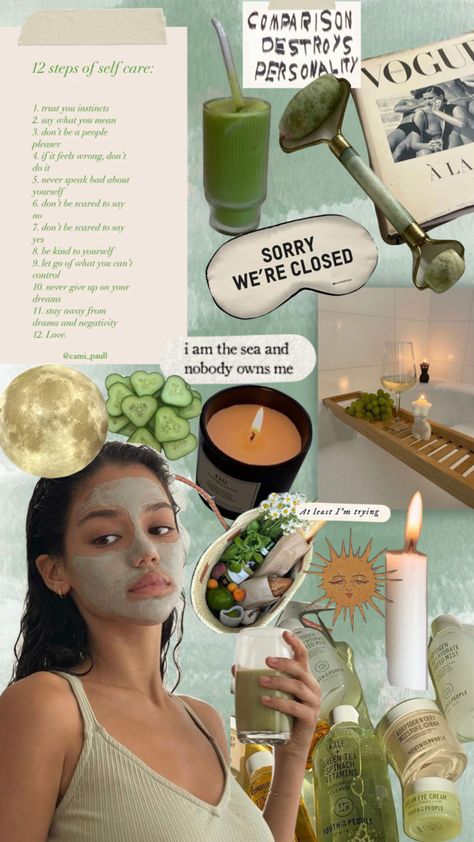 Collage Inspo Mood Boards, Green Clean Aesthetic, Self Care Collage, Selfcare Moodboard, Green Moodboard, Spa Aesthetic, Aesthetic Selfcare, Selfcare Aesthetic, Vision Board Collage