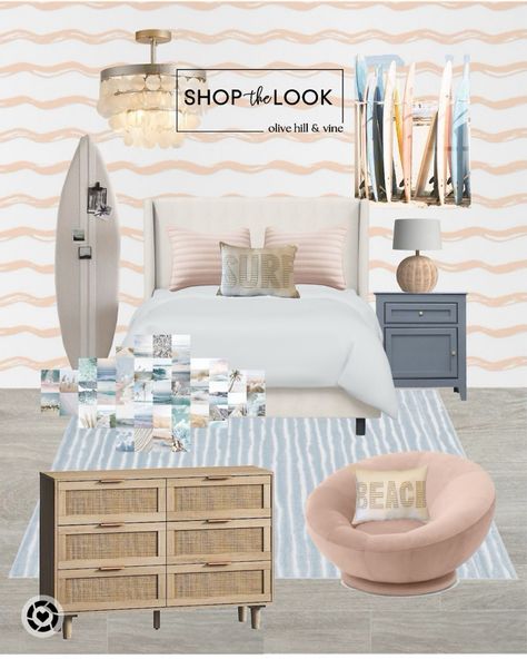 Teen Beach Theme Bedroom, Girls Coastal Bedroom, Girls Beachy Bedroom, Girls Surf Bedroom, Girls Surf Room, Teen Beach Room, Coastal Teen Bedroom, Beach Photo Collage, Coastal Girls Bedroom