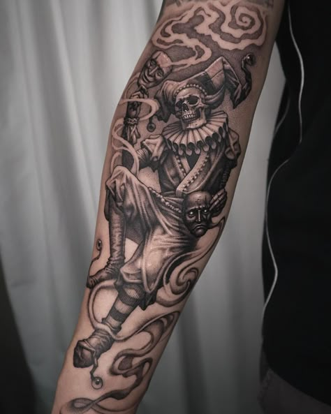 Jester Skeleton Tattoo, Cool Mens Tattoos Ideas, Right Arm Tattoo Men, Gothic Tattoo Men, Back Forearm Tattoo Men, Tattoo For Men On Arm, Cool Sleeve Tattoos, Best Forearm Tattoos For Men, Gothic Tattoo Ideas