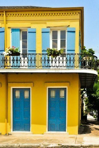 Yellow House Exterior, Jazz Clubs, Fish Watercolor, Blue Doors, Music Club, New Orleans Homes, Yellow House, Brick Exterior House, The French Quarter