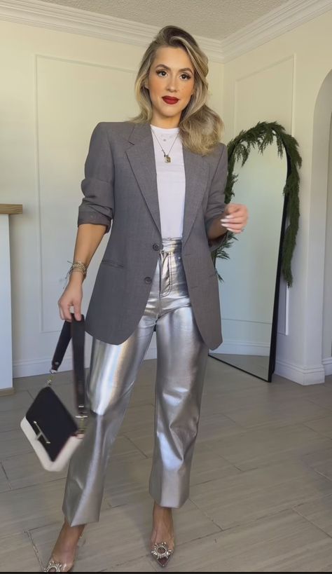 Pants With Blazer Outfit, With Blazer Outfit, Winter Outfits With Skirts, Fall Skirt Outfits With Boots, Silver Pants Outfit, Metallic Pants Outfit, Autumn Date Night, Skirt Outfits With Boots, Outfits With Skirts