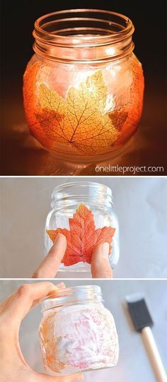 Thanksgiving Mason Jar, Easy Mason Jar Crafts Diy, Leaf Mason Jar Candle, Tea Light Crafts, Jars Decoration Ideas, Easy Mason Jar Crafts, Leaf Lantern, Mason Jar Candle Holders, Fall Mason Jars