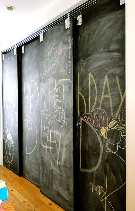 #DIY chalkboard doors : Read how to make your own here http://www.lynneknowlton.com/diy-chalkboard-doors/ Chalkboard Walls, Kitchen Pantry Doors, Chalkboard Door, Bypass Barn Door, Diy Barn Door Hardware, Diy Organizer, Sliding Door Track, Barn Door Track, Diy Barn Door