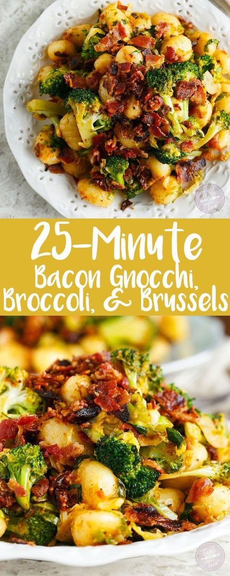 If you have 25 minutes then have enough time to make this quick weeknight dinner entree of bacon gnocchi with broccoli and shaved brussels! Gnocchi With Broccoli, Bacon Gnocchi, Low Carb Veggie, Bacon And Cheese, Table For Two, Gnocchi Recipes, Dinner Entrees, Quick Weeknight Dinners, Quick Dinner