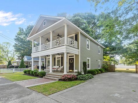 Double porch love! Circa 1925 in North Carolina. $230,000 - The Old House Life Double Porch House, Backyard With Deck, Laundry Room With Sink, Kitchen And Laundry Room, Porch House, Private Backyard, Kitchen And Laundry, Laundry Room Sink, Tree Swing