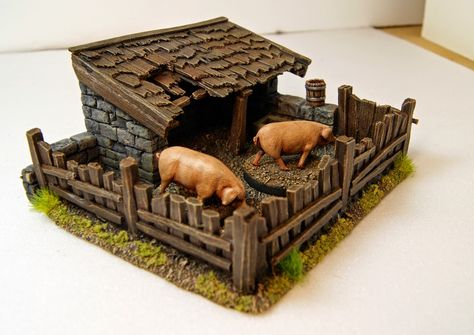 Miniature Warfare: Pigsty... A great place to stay. Back in the early years of the USA the State of Ohio and Michigan Territory nearly came to blows over pigs. Village Miniature, Miniature Gaming, Medieval Houses, Wargaming Terrain, Avatar Movie, Hobby Horse, Miniature Crafts, Fairy Houses, Dark Ages