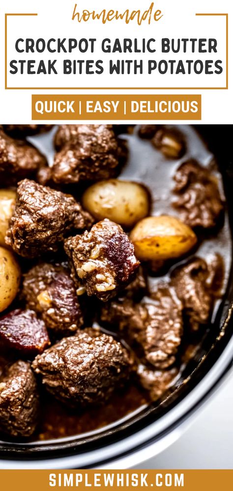 This Pinterest pin showcases slow-cooked garlic butter beef bites, prepared in a crockpot. The images suggest an easy and flavorful meal, perfect for a comforting dinner. It highlights one of the best crockpot recipes for dinners and provides all-day meal ideas. Crockpot Garlic Butter Steak Bites, Crockpot Steak Bites And Potatoes, Pork Loin Recipes Crockpot, Crockpot Garlic Butter Steak, Crockpot Chicken Recipes Healthy, Crockpot Steak Bites, Butter Steak Bites And Potatoes, Crockpot Recipes Soup, Steak Bites And Potatoes