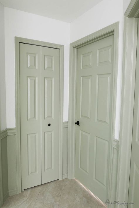 Sage doors and wainscoting hallway – House Mix Painted Trim And Doors Bedroom, White Walls Coloured Doors, Sage Green Doors Interior, Colored Doors Inside House, Light Green Interior Doors, Green Trim And Doors Interior, White Room Green Trim, Sage Green Skirting Boards, Light Green Trim Interior