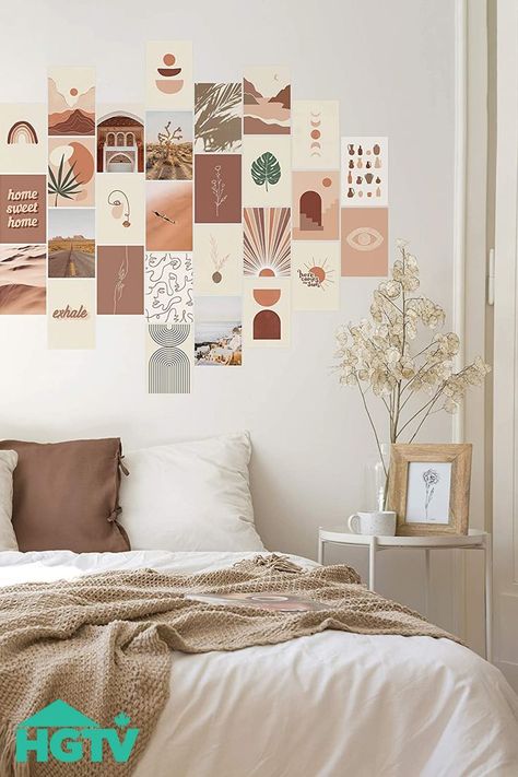 Boho Collage, Photo Walls Bedroom, Haus And Hues, Boho Dorm, Wall Collage Decor, Dorm Wall Decor, Bedroom Wall Collage, Aesthetic Room Ideas, Mailer Box