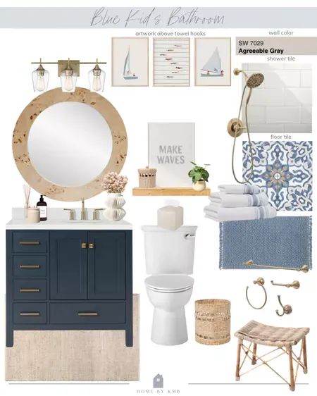 Blue Kids Bathroom, Coastal Farmhouse Bathroom, Wood Round Mirror, Modern Coastal Bathroom, Modern Farmhouse Light Fixtures, Blue Sofas Living Room, Coastal Bathroom Design, Blue Sofas, Coastal Bathroom Decor