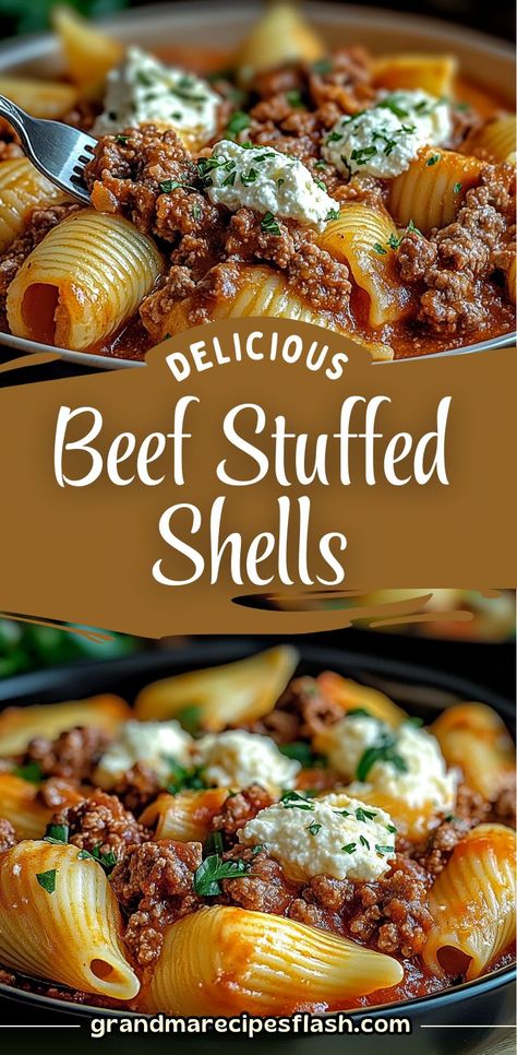 A comforting and delicious pasta dish featuring jumbo shells stuffed with a rich mixture of ground beef, creamy ricotta, and mozzarella cheese. Topped with a creamy marinara sauce, this dish is perfect for family dinners! How To Make Stuffed Shells With Meat, Stuff Shells With Ground Beef, Tipsy Housewife Stuffed Shells, Meat And Ricotta Stuffed Shells, Stuffed Shells Recipe Without Ricotta, Stuffed Shells With Pesto Sauce, Stuffed Shells Cheese, Stove Top Stuffed Shells, Giant Cheese Stuffed Shells