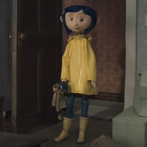 Whybee Coraline, Coraline Raincoat Outfit, Coraline Full Body Picture, Caroline Costume Halloween, Coat And Boots Outfit, Coraline Yellow Raincoat, Yellow Rain Boots Outfit, Coraline Mice, Rain Coat Aesthetic