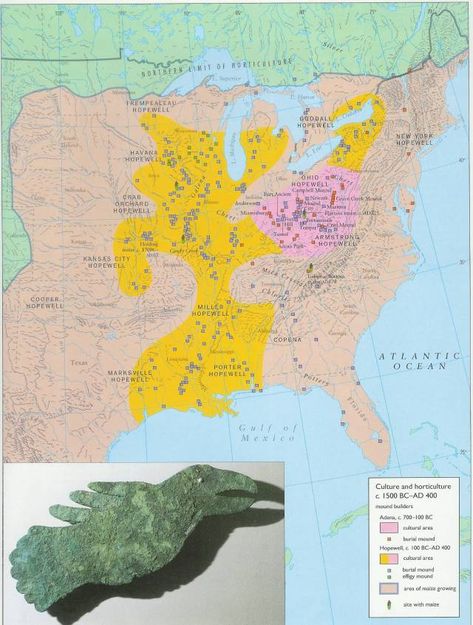 Geographic extent of Adena and Hopewell mound building cultures, 1500 BC - 400 AD. Ohio and Mississippi River basins, North America. Hopewell Culture, Ancient America, Mound Builders, Native American Tools, History Infographic, Arrow Heads, Ohio History, Indian Artifacts, Native American Artifacts