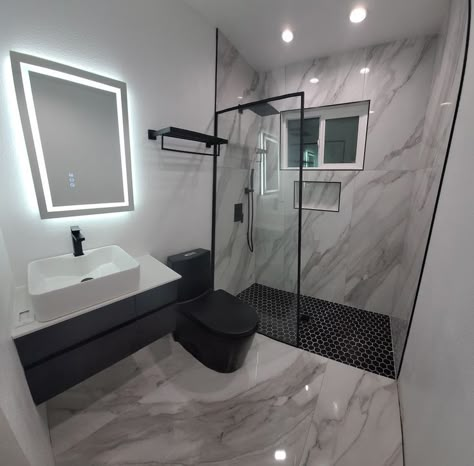 Bathroom Ideas Grey And Black, Restroom Decor Ideas Black And White, Marble And Black Bathroom Ideas, Minimalist Small Bathrooms Gray, Dark Grey Restroom Ideas, Gray Toilet Bathroom, Black Bathroom Remodel Ideas, Grey Black And Wood Bathroom, Gray And Black Bathroom Ideas Decor