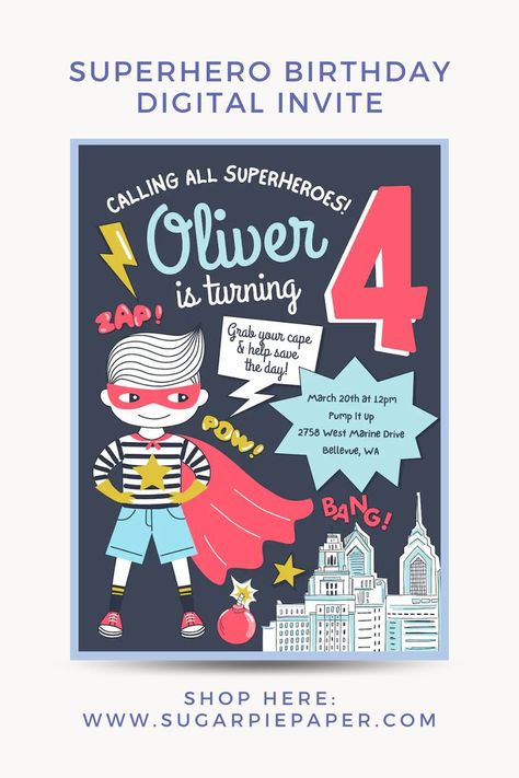 Superhero Birthday Party Invitations Boy Birthday Theme, Superhero Birthday Party Invitations, 4th Birthday Boys, Pizza Party Invitations, Superhero Birthday Invitations, Superhero Invitations, Puppy Birthday Parties, Kids Themed Birthday Parties, Sugar Pie