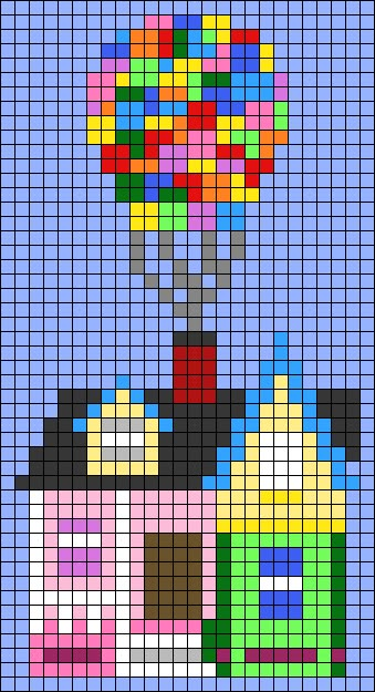 Disney Up Cross Stitch, Up House Perler Beads, Pixar Pixel Art, Home Pixel Art, Up Perler Bead Pattern, Pixel Art Pattern Disney, Cross Stitch Patterns Disney, Movie Pixel Art, Graphgan Patterns