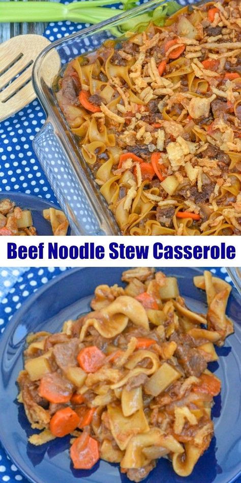 Beef Noodle Stew Casserole - This hearty meal is perfect for when the temperatures dip. This quick and easy casserole has all of the meat, veggies and noodles you need in one dish topped with crunchy onions. A perfect dinner recipe for the whole family. #dinnerrecipe #dinner #casserolerecipie #fallrecipe #familyfriendly #quickandeasy Beef Noodle Stew, Veggies And Noodles, Crunchy Onions, Delicious Family Dinners, Beef Stew Meat, Perfect Dinner, Savory Sauce, Beef And Noodles, Easy Casserole Recipes