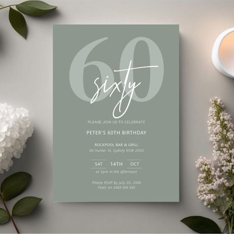 60 Birthday Party Invitations, Sage Background, Modern Birthday Party, 60th Birthday Party Invitations, 60th Birthday Invitations, Modern Birthday, Minimalist Typography, Personalized Banners, 60th Birthday Party