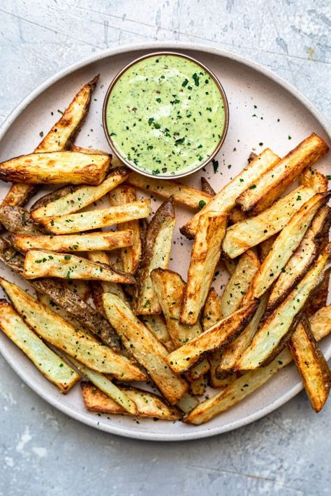 Air Fryer Fries With Chimichurri Aioli Chimichurri Aioli, Japanese Sweet Potato Fries, Air Fryer Fries, Japanese Sweet Potato, Air Fryer Healthy, Japanese Sweet, Potato Fries, Steak Fries, Dinner Sides