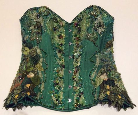 Bead embroidered green woman corset by Suzanne Forbes June 2017 Jamaica Moodboard, Fearne Calloway, Textiles Coursework, Frozen Broadway, Bog Witch, Embroidery Doll, Frozen Jr, Leaf Hat, Beaded Corset