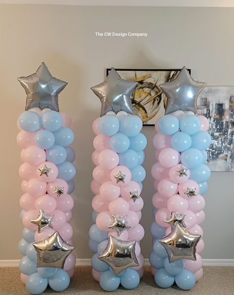 Pink And Blue Themed Birthday Party, Pink Decorations Party, Blue And Pink Party, Blue Silver Balloons, Blue Party Themes, Silver Balloons, Blue Party Decorations, Balloon Tower, Pink Quince