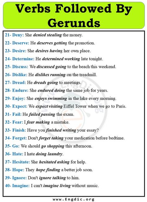 Verbs Followed By Gerunds image 2 Verbs Followed By Gerund, Advanced English Grammar, Types Of Verbs, English Grammar Test, Verb Examples, Structured Literacy, English Ideas, English Phrases Idioms, Advanced English