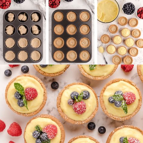 How to make the best Easy Sugar Cookie Fruit Tarts recipe Easy Engagement Party Desserts, Sugar Cookie Tarts Mini, Sugar Cookie Tart Crust, Fruit Tarts Recipe, Sugar Cookie Fruit Tart, Fruit Sugar Cookies, Easy Cookie Dough, Mini Fruit Tarts, Sugar Cookie Cups