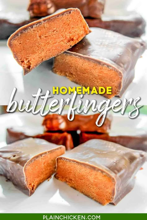 Homemade Butterfingers - only 3 ingredients!! Candy corn, peanut butter, and chocolate. You will be blown away with these homemade candies! They taste just like the real thing!! #butterfingers #candy #candyrecipe #dessert Homemade Butterfingers, Butterfinger Candy, Easy Halloween Food, Plain Chicken, Candy Recipes Homemade, Homemade Candy, Candy Fudge, Homemade Candies, Recipes Sweet