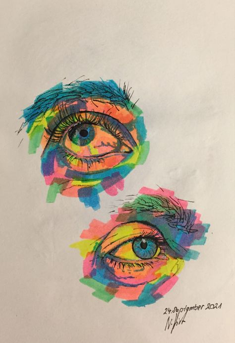 Pen And Highlighter Art, Doodle With Highlighters, Drawing Using Highlighter, Hilighter Drawing, Drawing With Highlighters Markers, Doodles With Highlighters, Art With Highlighters Markers, Drawing With Highlighter, Highlighter Eyes Drawing