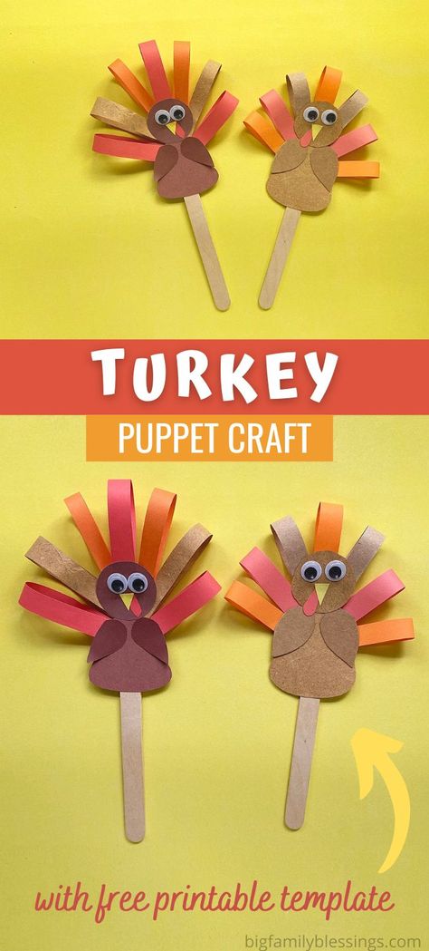 Turkey Popsicle Stick Craft, Popsicle Stick Turkey, Turkey Puppet, Turkey Craft For Kids, Stick Puppet, Paper Turkey, Fun Thanksgiving Crafts, Thanksgiving Turkey Craft, Thanksgiving Crafts Preschool