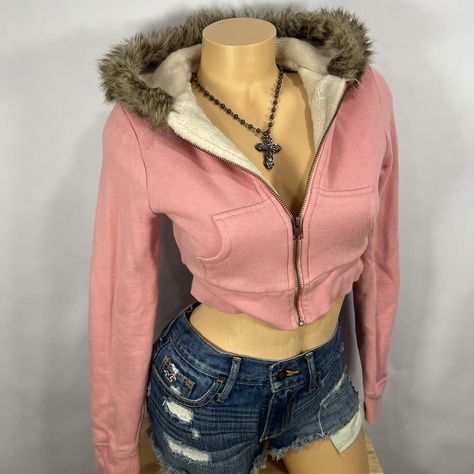 Y2K pink fur trim zip up hoodie  
Literally TO DIE... - Depop Fur Hoodie Outfit, Y2k Pink Outfit, Cropped Zip Up Hoodie, Y2k Winter, Cropped Zip Up, Fur Hoodie, Concept Clothing, Pink Fur, Y2k Jacket