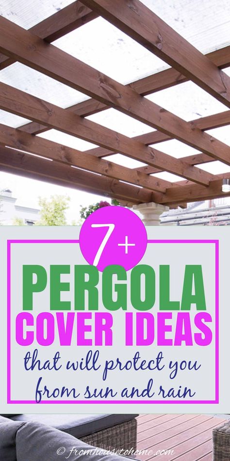 These pergola shade ideas will help keep the sun and rain off your patio. From a retractable canopy to roof panels to vines, you'll vine lots of ways to cover your outdoor spaces. #fromhousetohome  #decks #patios  #gardenpaths Rain Pergola, Pergola Cover Ideas, Waterproof Pergola, Summer Hangout, Pergola Cover, Shade Sail Installation, Retractable Pergola Canopy, Shade Ideas, Hangout Spot