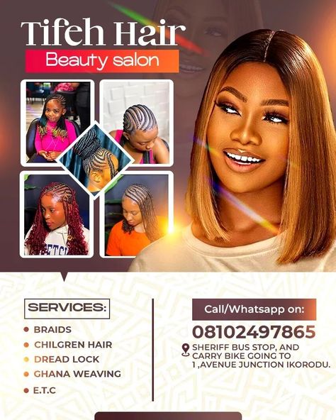 Tifeh hair beauty salon flyer please help me patronize her Beauty Salon Flyer, Hair Beauty Salon, Hair Salon Design, Church Poster Design, Graphic Design Flyer, Flyer Design Inspiration, Church Poster, Flyer And Poster Design, Food Poster Design