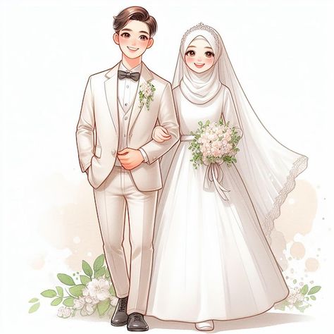 Romantic Couple Status, Couple Cartoon Pictures, Muslim Wedding Couple, Simple Wedding Invitation Card, Bride Cartoon, Muslim Wedding Photos, Cartoon Wedding Invitations, Wedding Illustration Card, Bride And Groom Cartoon