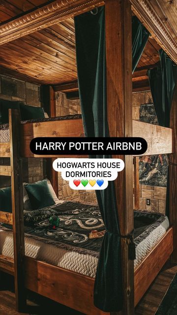 Sarah | Wizarding Creator on Instagram: "‼️ Which Hogwarts house dormitory would you choose? Gryffindor ❤️🦁 Slytherin 💚🐍 Hufflepuff 💛🦡 Ravenclaw 💙🦅 Sharing 4 of the 8 rooms in this Harry Potter themed Air bnb! Each of these themed rooms came with a full sized, built in bunk bed! @greatescapevillas [hosted] ✍️ Bookings: @greatescapevillas 📍Location: Davenport, Florida ✨ The Ravenclaw room had its own full bathroom ✨ The Slytherin and Hufflepuff rooms connected to and share a full bathroom Harry Potter Bunk Bed, Hogwarts Dorm Room Gryffindor, Hufflepuff Bedroom Decor, Harry Potter Room Decor Bedroom Ideas Slytherin, Gryffindor Bedroom Ideas, Hogwarts Inspired Room, Hogwarts Themed Bedroom, Adult Harry Potter Bedroom, Slytherin Themed Bedroom