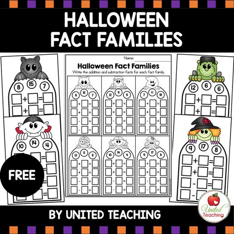 Grade 3 Activities, Halloween First Grade, Halloween Fun Activities, Fact Families Activities, Teaching With Flair, Fact Family Worksheet, Free Math Centers, Math Counters, Teach Addition