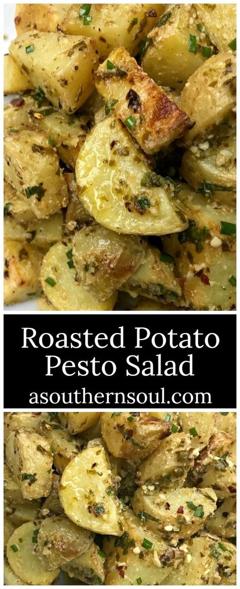 Roasted Pesto Potato Salad an easy side dish that your whole family will love! After this, you’ll never want to eat potatoes any other way. #potatosalad #sidedish #potato #recipe Pesto Baked Potato, Pesto Potato Salad Recipe, Potato Pesto Salad, Pesto Chicken Side Dishes, Pesto Potato Salad, Roasted Potato Salad, Pesto Potatoes, Fresh Recipe, A Southern Soul