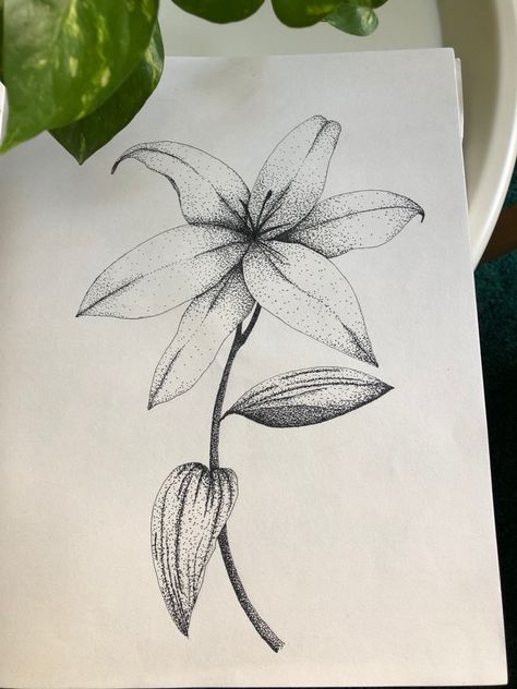 Stippling Art Flowers, Pointilism Flowers Art, Pointalism Art Easy, Stippling Art Easy, Stippling Drawing Ideas, Tiger Lily Drawing, Pointilism Art, Pointalism Art, Lily Drawing