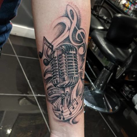 Microphone Tattoo Ideas, Mic Tattoo, Headphones Tattoo, Microphone Tattoo, Drum Tattoo, Family Tattoos For Men, Music Tattoo Sleeves, Romantic Tattoo, Music Notes Tattoo