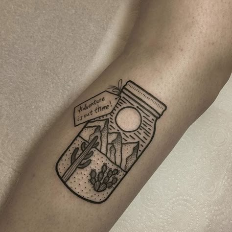 Black Cactus Tattoo, Desert In A Jar, Mason Jar Tattoo, Quirky Tattoos, Desert Tattoo, Arizona Tattoo, Cowgirl Tattoos, Country Tattoos, Cactus Tattoo